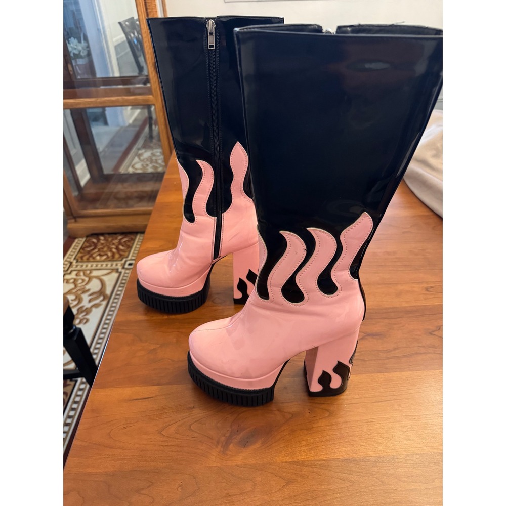 Lamoda Pink Black Flame Patent Platform Boots Knee High Chunky Block Heel Size 7